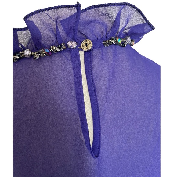 Purple Sheer Ruffled high neck blouse with rhinestone collar detail. Size M. - Picture 4 of 10